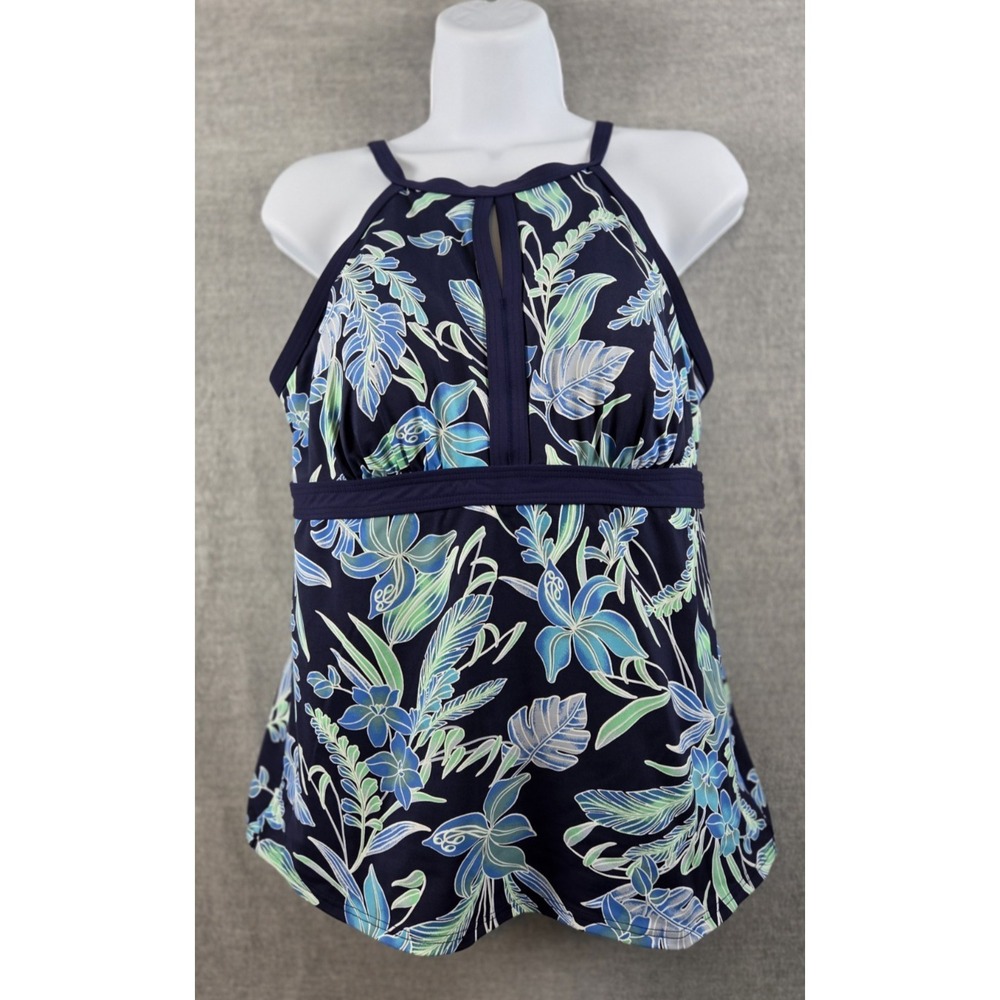 Lands End Womens 10 Tankini Bathing Suit Swim Top Keyhole‎ Neck Navy Blue Floral